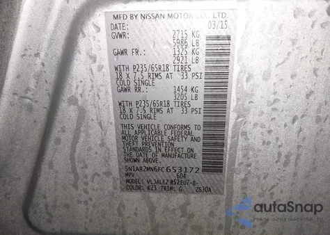 2015 Nissan Pathfinder Platinum/S/Sl/Sv из США, поврежденный, VIN 5N1AR2MN6FC653172